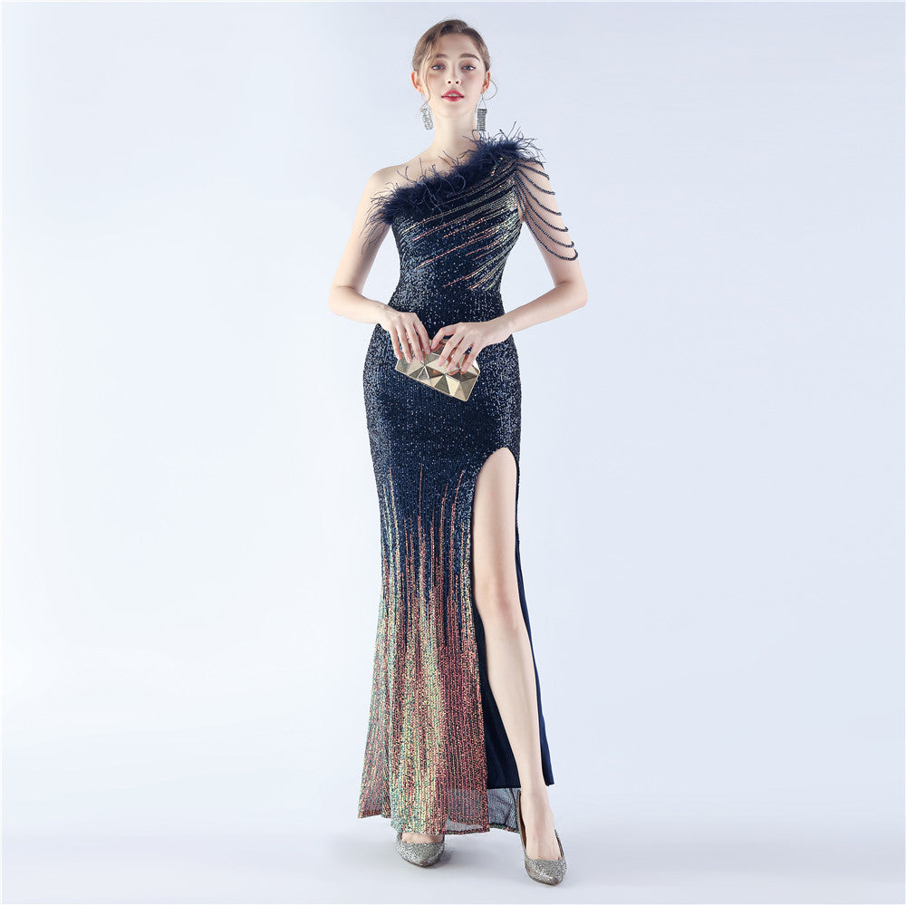Gradient Sequin Craft Beaded Ostrich Feather Diagonal Collar One Shoulder Long Evening Dress by Ragazza