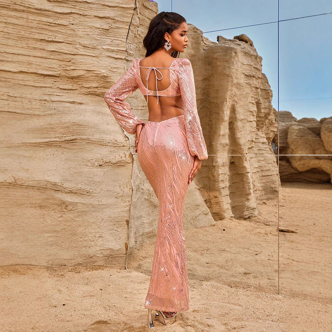 Women Evening Dresses Long Sleeve Beauty V neck Sexy Backless Dress Long Sequined Women Clothing Dress by Ragazza