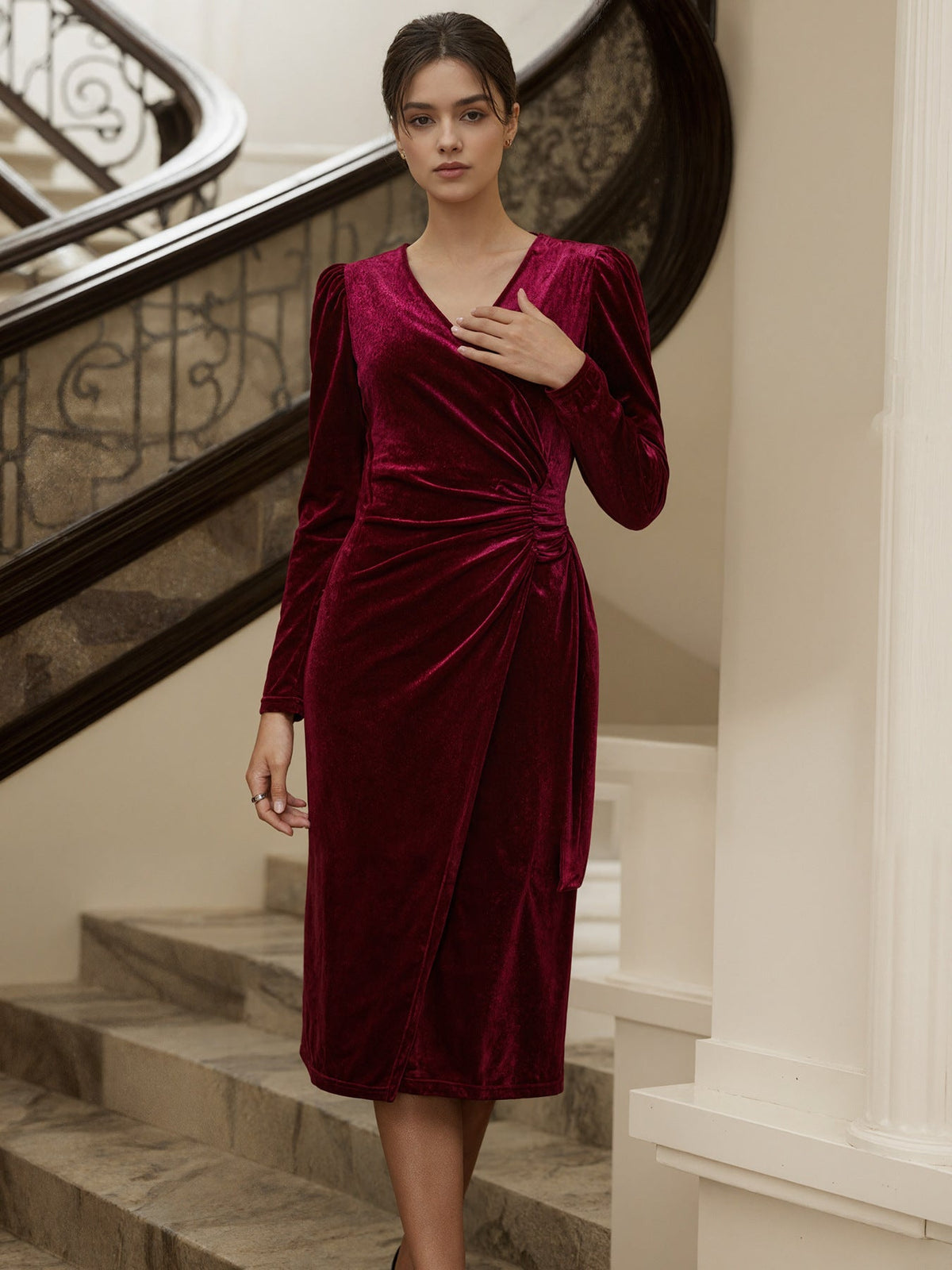 Autumn Winter Velvet V neck Waist Controlled Slimming Pleated Wrap Mid Length Graceful Formal Dress  DestGlow
