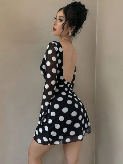 Spring Summer Lady Sexy Polka Dot Backless Mesh Flare Sleeve Mini Dress by Ragazza