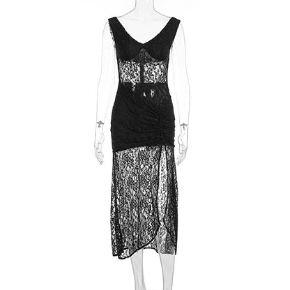 Summer Sexy Lace Hollow Out Cutout out Stitching Spaghetti Straps Slimming Split Dress by Ragazza