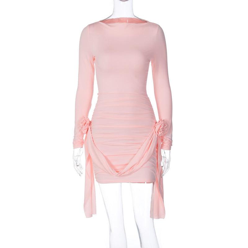 Solid Color Long Sleeve round Neck Slim Fitting Patchwork Ribbon All Match Floral Dress by Ragazza