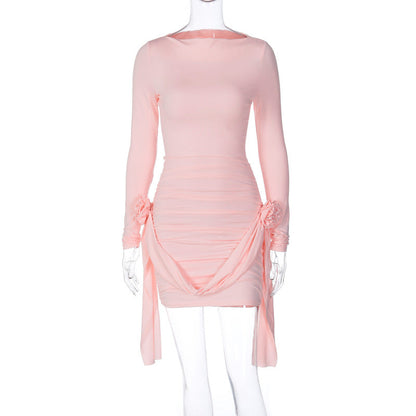 Solid Color Long Sleeve round Neck Slim Fitting Patchwork Ribbon All Match Floral Dress by Ragazza