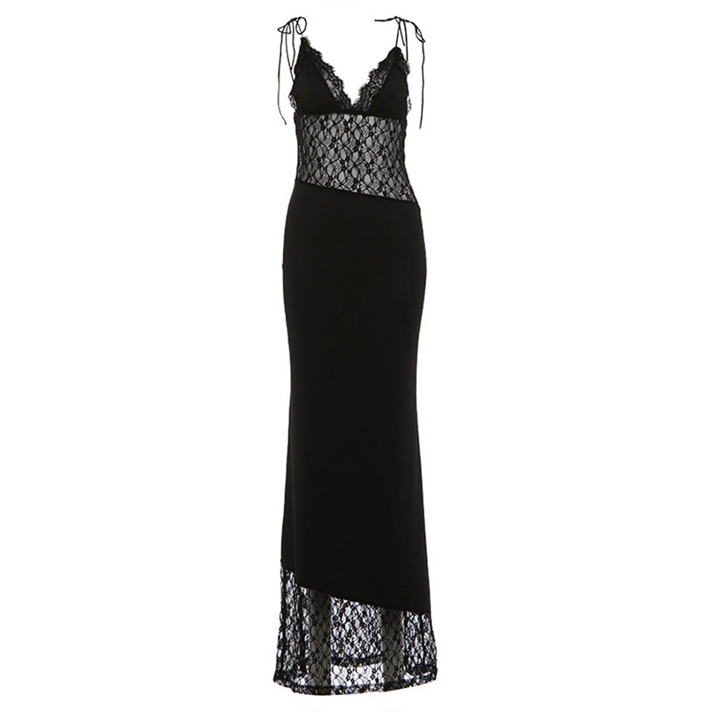 Spring Women Clothing Slim Fit Tied Low Collar Sexy Mesh Stitching Lace Dress Women  DestGlow
