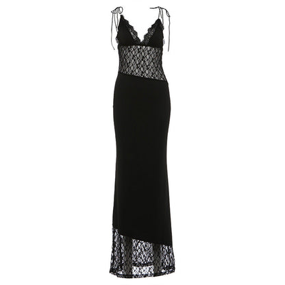 Spring Women Clothing Slim Fit Tied Low Collar Sexy Mesh Stitching Lace Dress Women  DestGlow