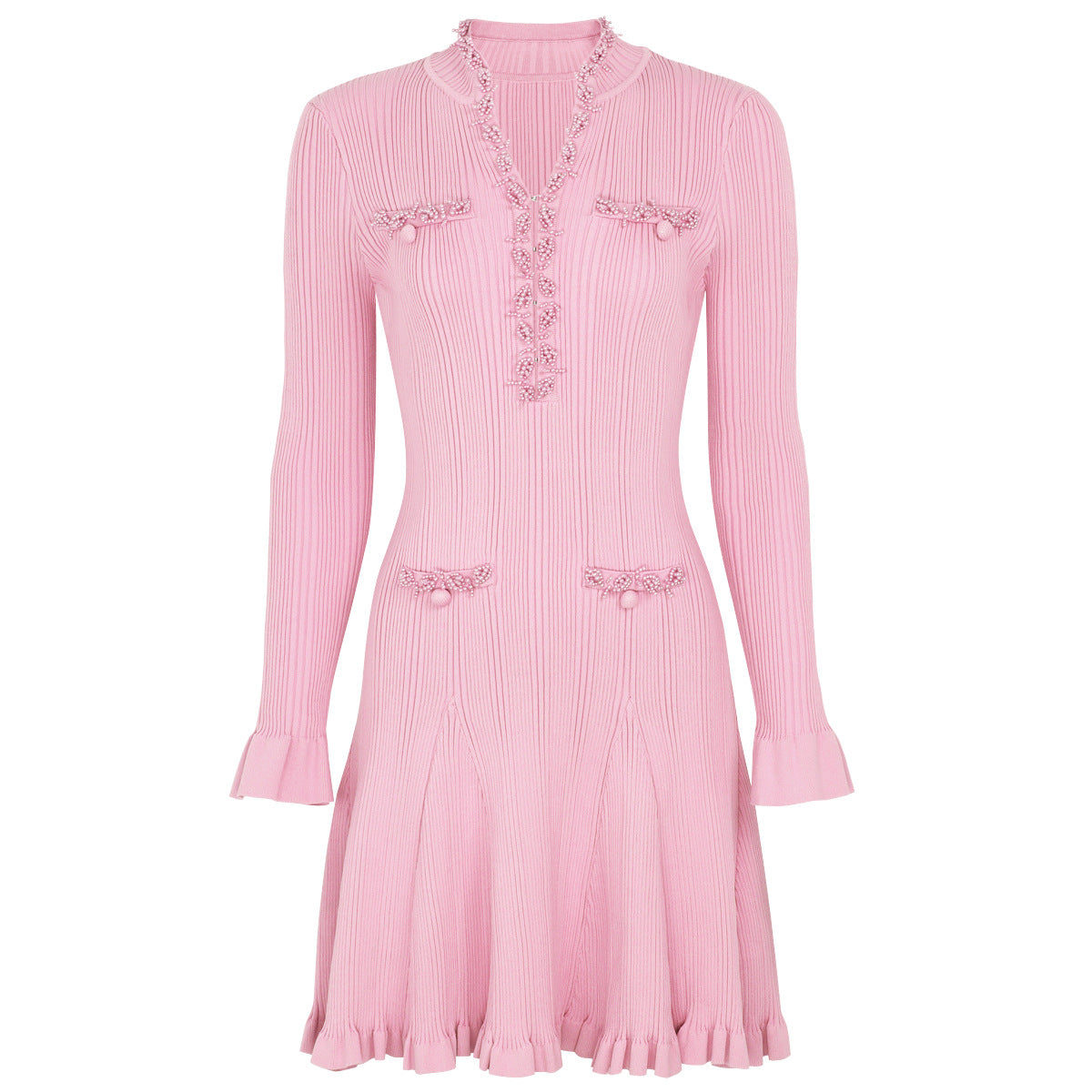 Spring Autumn Fashionable Knitted Heavy Industry Beaded Slim Fit Slimming Long Sleeves Dress by Ragazza
