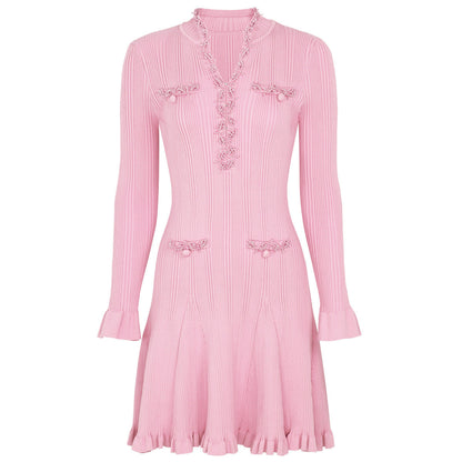 Spring Autumn Fashionable Knitted Heavy Industry Beaded Slim Fit Slimming Long Sleeves Dress by Ragazza