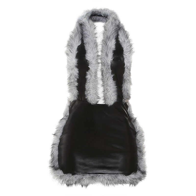 Women Clothing Autumn Winter Sexy Fur Stitching Faux Leather Halter Deep V Plunge neck Dress Women by Ragazza
