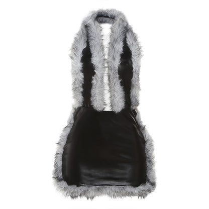 Women Clothing Autumn Winter Sexy Fur Stitching Faux Leather Halter Deep V Plunge neck Dress Women by Ragazza