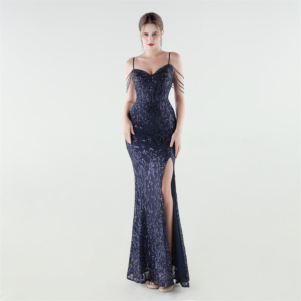 Heavy Industry Sequin Beaded Boning Corset Waist Tight Evening Dress by Ragazza