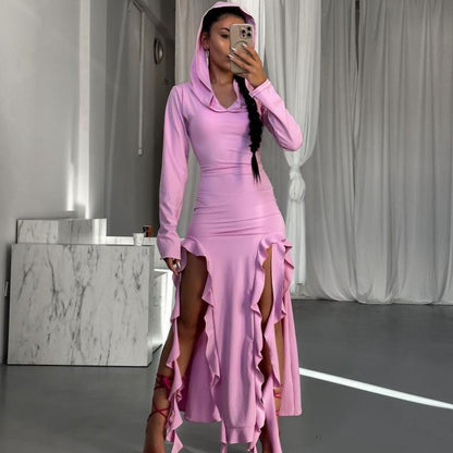 Summer Popular Trend Ruffled Stitching Long Sleeve Hooded Irregular Asymmetric Dress by Ragazza