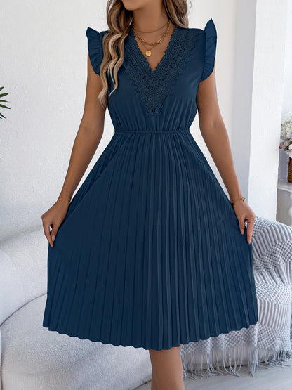 Women Clothing Spring Summer Casual Lace V neck Wooden Ear Cinched Pleated Dress by Ragazza