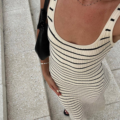 Striped Vest Contrast Color Beach Vacation Sexy Dress Knitted Sunken Stripe Maxi Dress Summer Women by Ragazza