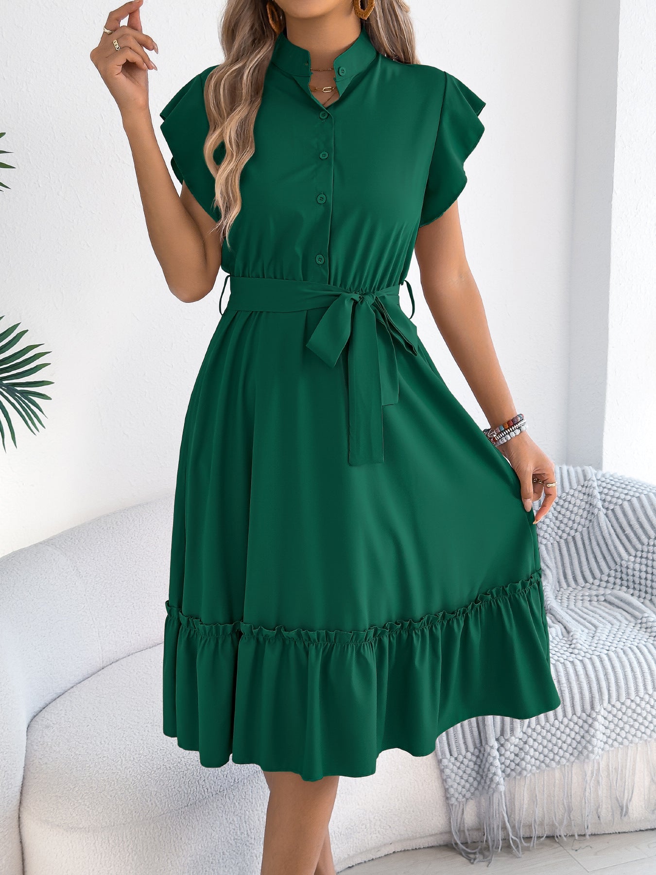 Spring Summer Casual Stand Collar Ruffle Lace up Fitted Waist Shirt Dress Women Clothing  DestGlow