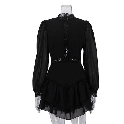 Hollowed out Design Chiffon Dress for Women Stand Collar Long Sleeve High Waist A line Dress by Ragazza