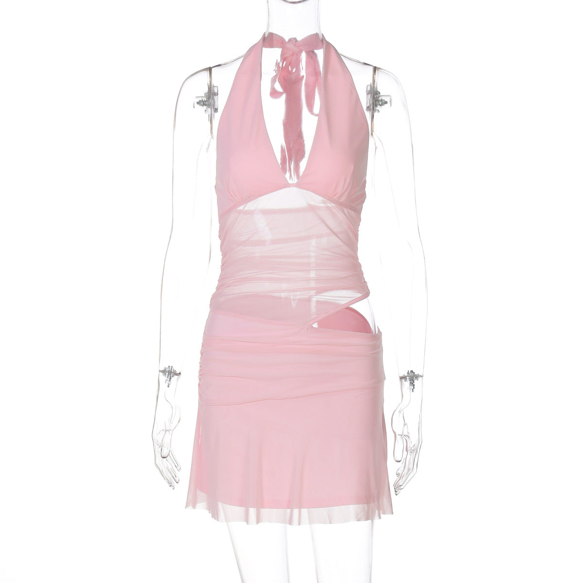 Women Clothing Sexy Deep V Plunge Stitching Mesh Hollow Out Cutout Hip Wrapped Short Halter Dress by Ragazza