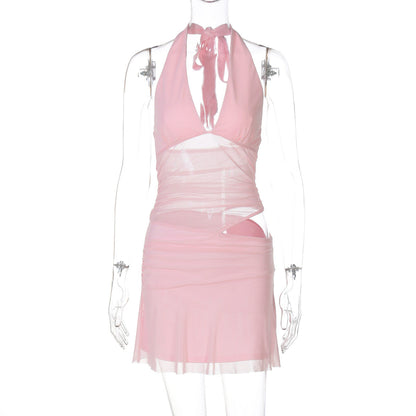 Women Clothing Sexy Deep V Plunge Stitching Mesh Hollow Out Cutout Hip Wrapped Short Halter Dress by Ragazza