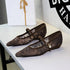 Pearl Decoration Ankle Strap Buckle Pointed Toe Shallow Mouth Low Heel Lace Screen Pumps  DestGlow