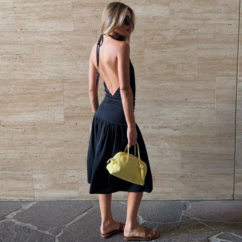 Women Sexy Deep V Plunge neck Bare Back Halter Strap Pleated Waist Tight Slit Dress by Ragazza