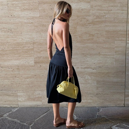 Women Sexy Deep V Plunge neck Bare Back Halter Strap Pleated Waist Tight Slit Dress by Ragazza