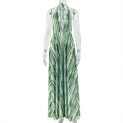 Women Clothing Printed Beach Slim Fit Comfortable A line Dress Lace up Backless V neck Halter Maxi Dress