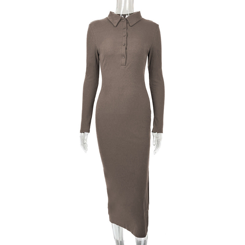 Autumn Winter Women Clothing Sexy Slit Slim Rib Button Long Sleeve Dress by Ragazza