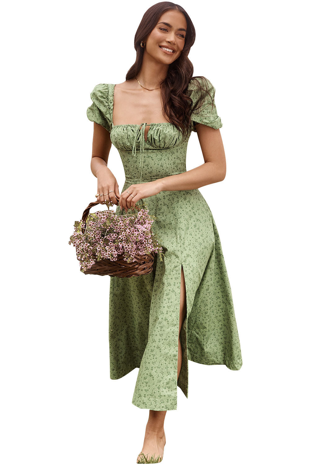 Women Summer Top Product Puff Sleeve Floral Tie Neck High Slit Women Dress Summer by Ragazza