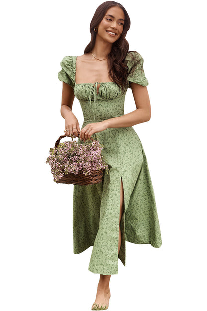 Women Summer Top Product Puff Sleeve Floral Tie Neck High Slit Women Dress Summer by Ragazza