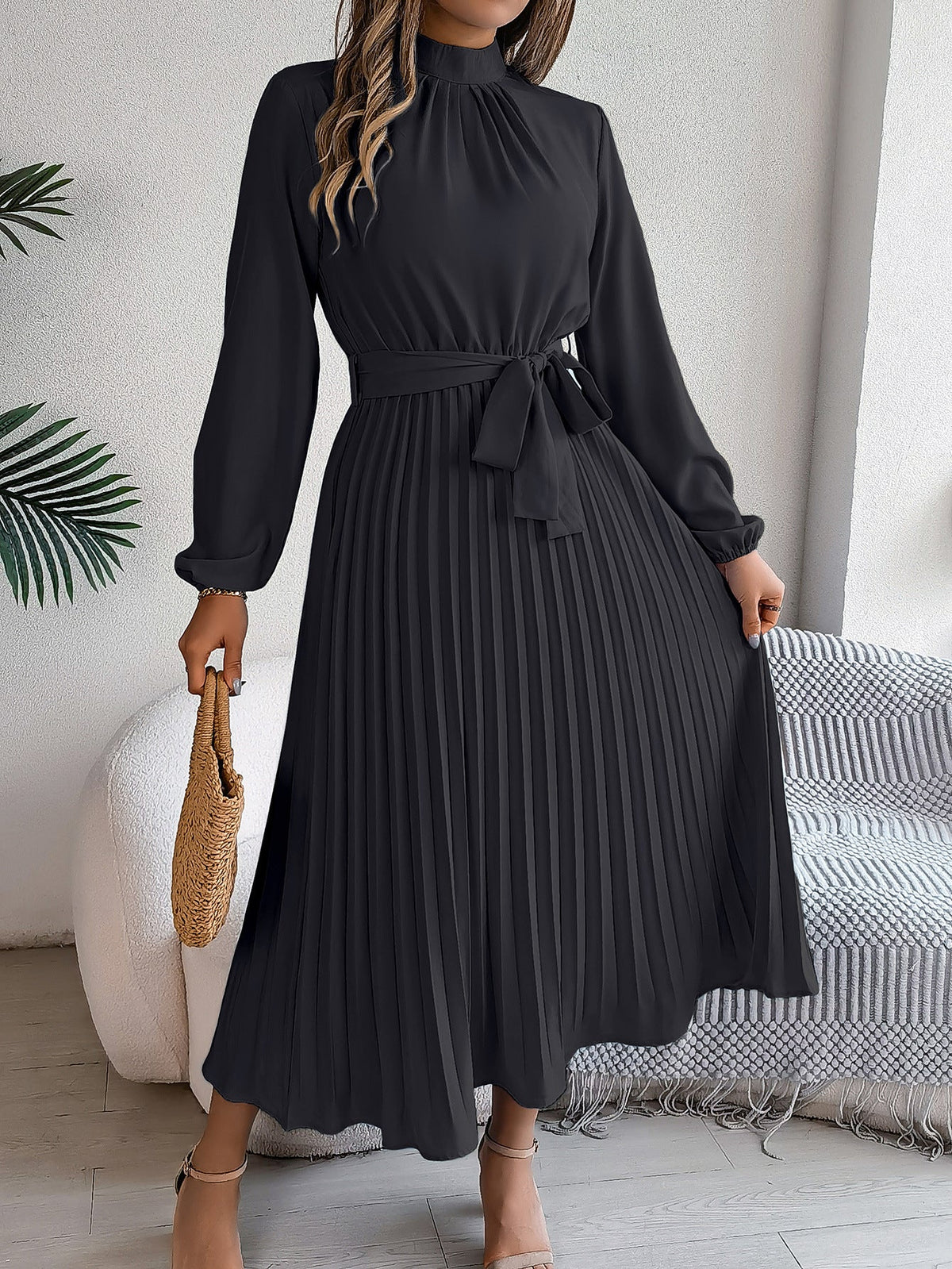Autumn Winter Elegant Stand Collar Long Sleeve Cinched Pleated Maxi Dress Small Dress Women Clothing  DestGlow