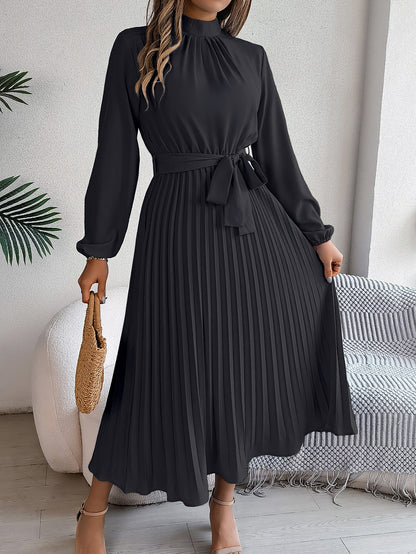 Autumn Winter Elegant Stand Collar Long Sleeve Cinched Pleated Maxi Dress Small Dress Women Clothing  DestGlow