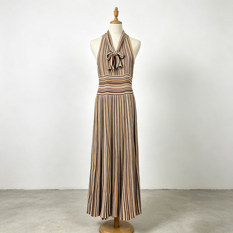 Artistic Retro Contrast Color Striped Dress Sleeveless Halter Collar Fitted High Waist Slimming Dress  DestGlow