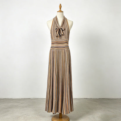 Artistic Retro Contrast Color Striped Dress Sleeveless Halter Collar Fitted High Waist Slimming Dress  DestGlow