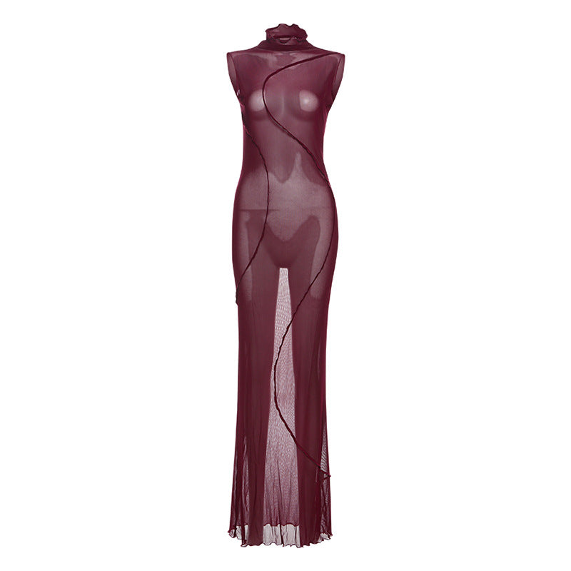 Spring Women Clothing Solid Color Sexy Sheer Mesh High Waist Figure Flattering Sheath Dress by Ragazza