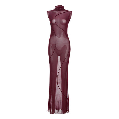 Spring Women Clothing Solid Color Sexy Sheer Mesh High Waist Figure Flattering Sheath Dress by Ragazza