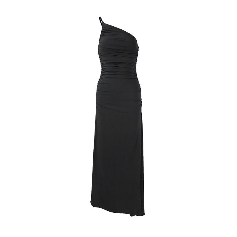 Women Clothing Summer Single Shoulder Sloping Shoulder Pleated Sexy Slim Irregular Asymmetric Dress by Ragazza