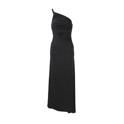 Women Clothing Summer Single Shoulder Sloping Shoulder Pleated Sexy Slim Irregular Asymmetric Dress by Ragazza