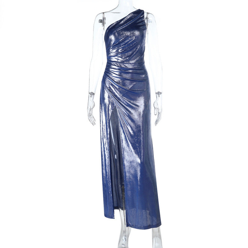 Sexy Oblique Shoulder Shiny Fabric Dress Autumn Waist Controlled Evening Dress by Ragazza
