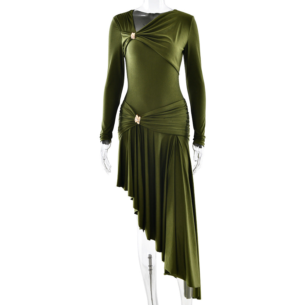 Autumn Winter Graceful Fashionable Women Slim Dress Sexy Pleated Irregular Asymmetric Maxi Dress by Ragazza