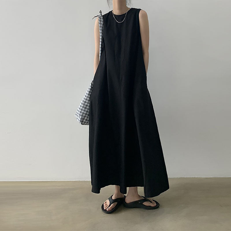 Cotton A line Loose Korean Dress Casual Minority All Match Solid Color Sleeveless round Neck Dress Women Clothing  DestGlow