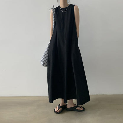 Cotton A line Loose Korean Dress Casual Minority All Match Solid Color Sleeveless round Neck Dress Women Clothing  DestGlow