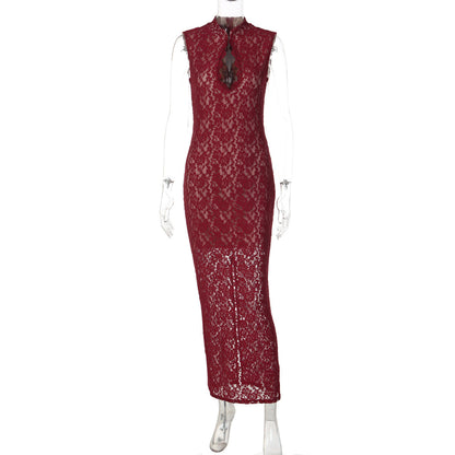 Sexy Hollow Out Cutout Lace Sleeveless Dress Sexy Slim Fit Slimming Sheath Split Dress  DestGlow