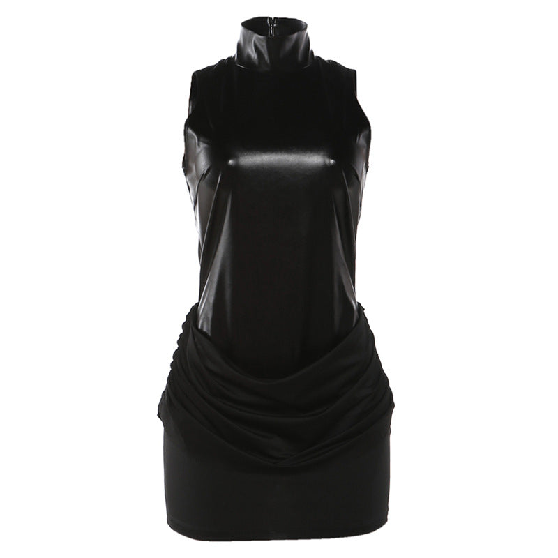 Spring Women Sexy Faux Leather Stitching Ruffle Slim Turtleneck Dress by Ragazza