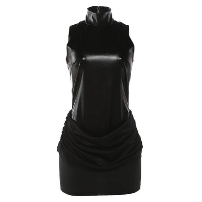 Spring Women Sexy Faux Leather Stitching Ruffle Slim Turtleneck Dress by Ragazza