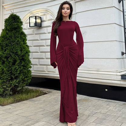 Women Clothing Autumn Pleated Waist Tight Lace up Long Sleeve Dress Women by Ragazza