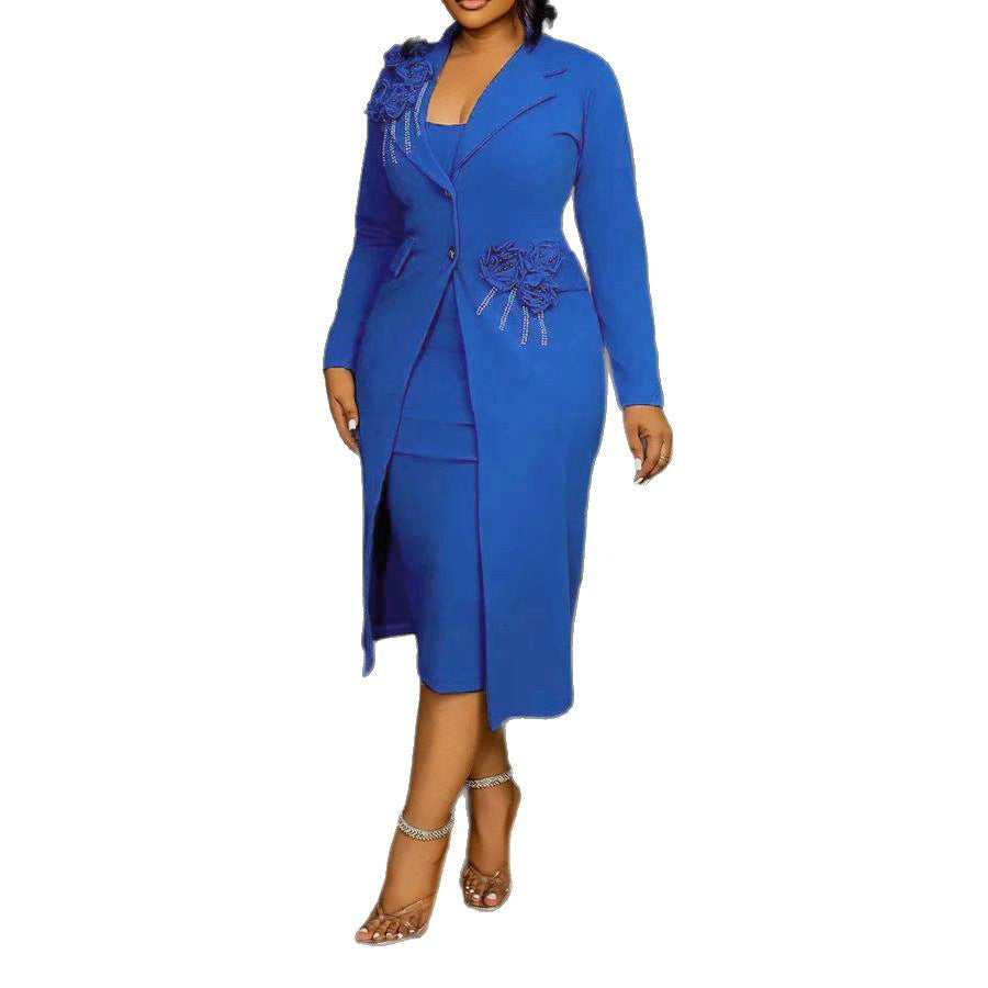 Women Elegant Stretch Slim Fit Floral Pearl Rhinestone Sheath Blazer plus Inner Suspender Two by Ragazza