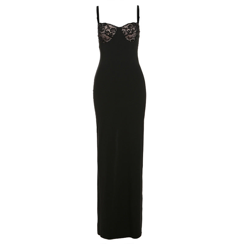 Women Clothing Spring Summer French Lace Splicing Sling Maxi Dress Sexy Slim Dress Women by Ragazza