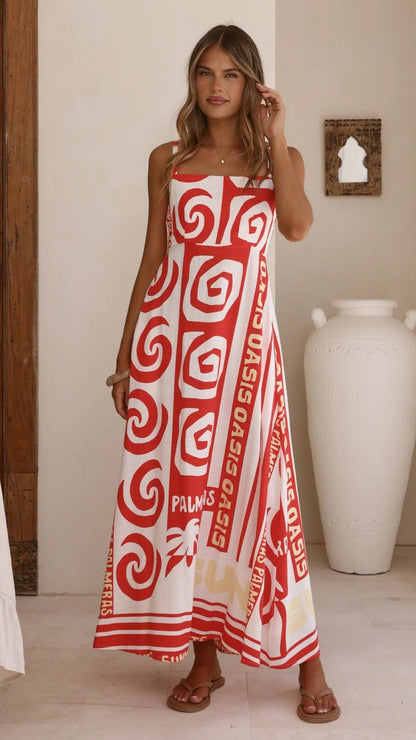 Summer Geometric Abstract Print Vacation Large Swing Cami Dress Women Dress by Ragazza