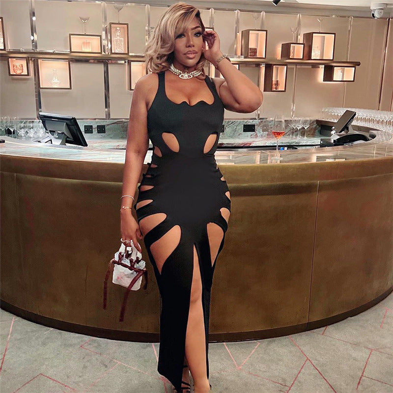 Spring Women Clothes Hollowed out Low Collar High Waist Sheath Slit Slim Fitting Maxi Dress by Ragazza
