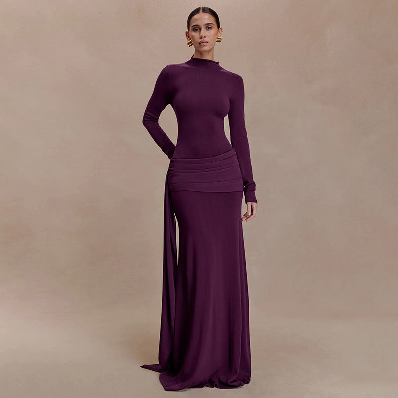Women Clothing Winter Solid Color High Collar Long Sleeve Pinch Pleated Ribbon Elegant Maxi Dress by Ragazza