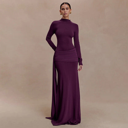 Women Clothing Winter Solid Color High Collar Long Sleeve Pinch Pleated Ribbon Elegant Maxi Dress by Ragazza